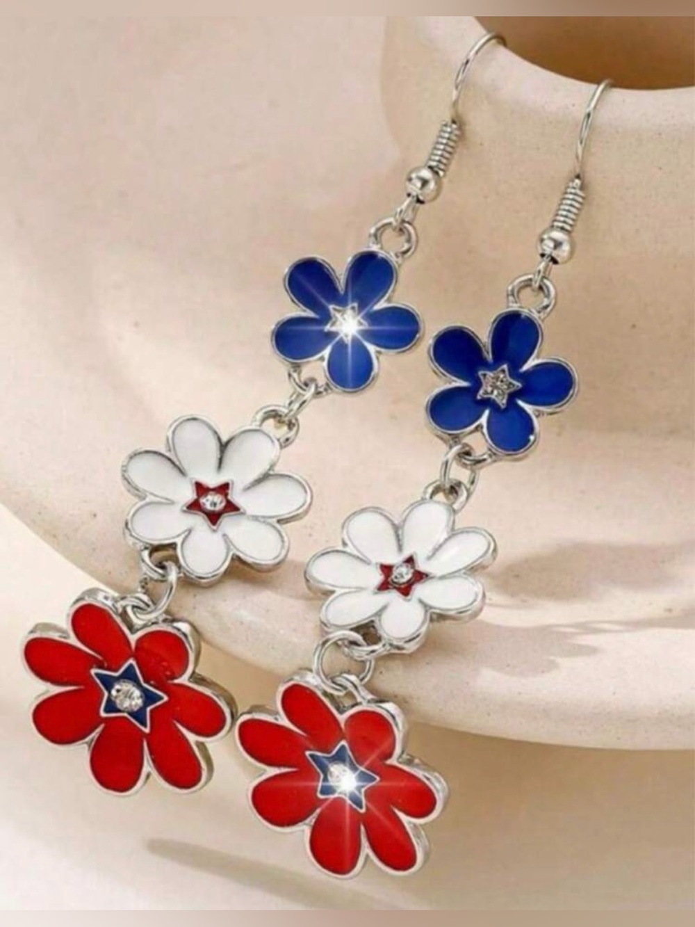 Western Earrings Patriotic Flower Dangle Earrings Red White & Blue Earrings